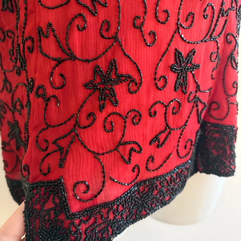Vintage Stenay Red Silk Beaded Top | L | Holiday Party & Cocktail Blouse - Picture 8 of 13
